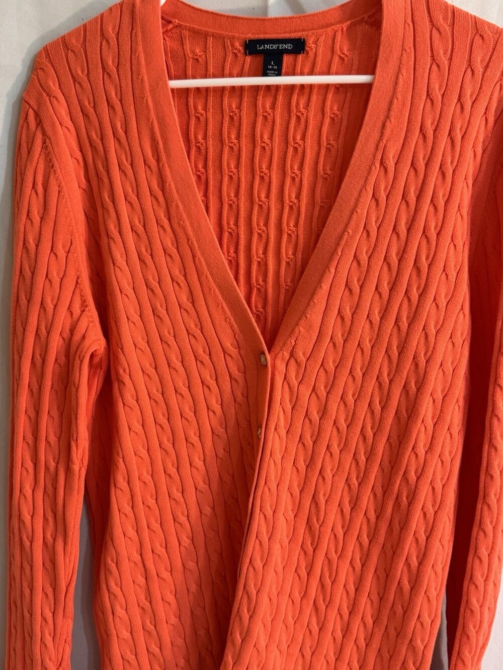Lands’ End Coral Cable Knit Academic Normcore V-Neck Cardigan L Pearl Buttons